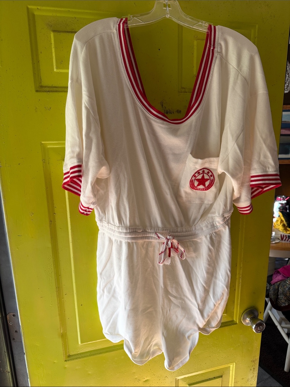 Anthropologie Cream shorts romper with Red Stripe Trim